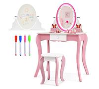 COSTWAY 2 en 1 Coiffeuse Enfants avec Tabouret & Tiroir, Table de Maquillage avec Miroir Rotatif à 360° et Double Face, 4 Marqueurs, Dispositif Anti-basculement, Charge 70/50kg pour 3 Ans+ (Rose)…