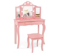 COSTWAY 2 en 1 Coiffeuse Enfants et Tabouret avec Miroir Amovible à Trois Volets & Lumières LED, Table de Maquillage Princesse avec Tiroir de Rangement, Bureau Enfants de 3 Ans+, 70x34x103CM(Rose)