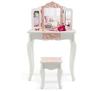 COSTWAY 2 en 1 Coiffeuse Enfants Fille avec Miroir Amovible à 3 Volets & Tabouret, Table de Maquillage avec Tiroir & Dispositif Anti-Basculement, Charge 50kg pour Enfants de 3-7 Ans (Imprimé zèbre)