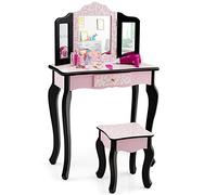 COSTWAY 2 en 1 Coiffeuse Enfants Fille avec Miroir Amovible à 3 Volets & Tabouret, Table de Maquillage avec Tiroir & Dispositif Anti-Basculement, Charge 50kg pour Enfants de 3-7 Ans (Imprimé léopard)