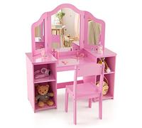 COSTWAY 2 en 1 Coiffeuse et Chaise Enfants avec Miroir Amovible à Trois Volets, Table de Maquillage Princesse avec 4 Compartiments de Stockage, 104x40x117cm pour Enfants de 3 Ans+