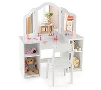 COSTWAY 2 en 1 Coiffeuse et Chaise Enfants avec Miroir Amovible à Trois Volets, Table de Maquillage Princesse avec 4 Compartiments de Stockage, 104x40x117cm pour Enfants de 3 Ans+…