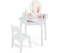 COSTWAY 2 en 1 Coiffeuse pour enfants avec tabouret, Coiffeuse avec miroir éclairé, tiroir & organiseur à bijoux, Coiffeuse princesse en bois pour enfants filles, Blanc
