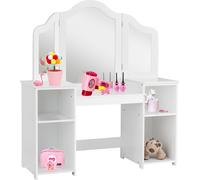 COSTWAY 2 en 1 Coiffeuse pour enfants Bureau avec miroir amovible, Coiffeuse fille avec compartiments ouverts, Coiffeuse en bois, Coiffeuse blanche