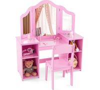 COSTWAY 2 en 1 Coiffeuse pour enfants Bureau avec miroir amovible, Coiffeuse fille avec compartiments ouverts, Coiffeuse en bois, Coiffeuse (avec chaise, rose)