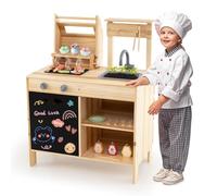 COSTWAY 2 en 1 Cuisine Enfant en Bois avec Jouet Barbecue & Tableau Noir, Jouet BBQ Grill avec 25 Accessoires et Étagère de Rangement, Jouet d’Imitation pour Garçons et Filles de 3 Ans+