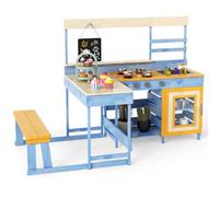 COSTWAY 2 en 1 Cuisine Extérieure Enfant avec Tableau Noir & Table de Pique-Nique, Cuisine de Boue en Bois de Sapin avec 7 Desserts & 8 Ustensiles, Cuisine Boueuse pour Enfant de 3 Ans+ (Bleu)