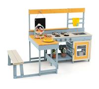 COSTWAY 2 en 1 Cuisine Extérieure Enfant avec Tableau Noir & Table de Pique-Nique, Cuisine de Boue en Bois de Sapin avec 7 Desserts & 8 Ustensiles, Jeu d'Imitation Boueuse pour Jardin Balcon, 3 Ans+