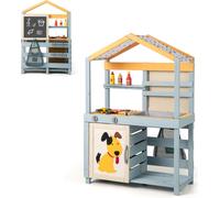 COSTWAY 2 EN 1 Cuisine pour enfants Cuisine d'extérieur en bois avec évier amovible, sac, paniers, tableau noir & accessoires, Cuisine d'extérieur pour enfants 3+