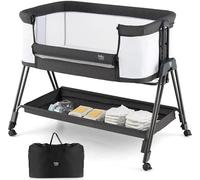 COSTWAY 2 en 1 Lit d'Appoint & Poussette Pliable, Lit Portable pour Bébé avec 7 hauteurs réglables & Matelas & Sac de Transport & Sangles, Lit de Voyage Réglable pour Nouveau-Né jusqu'à 6 mois (Gris F