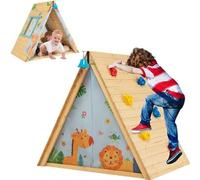 COSTWAY 2 en 1 Maison de jeu pour enfants avec pierres à grimper, tente pour enfants en bois Maison de jeu pour enfants en bois Triangle d'escalade 115x77x100cm