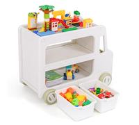 COSTWAY 2 en 1 Meuble de Rangement Jouet Enfant en Forme Voiture avec Panneau de Construction & 2 Paniers, Organisateur à Jouets en HDPE avec Étagère à 2 Niveaux, Bibliothèque pour Salle de Jeux