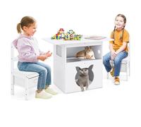 COSTWAY 2 en 1 Table Enfant avec 2 Chaises et Niche pour Chat, Table de Jeux Enfant avec Trou en Forme de Chat, Bacs Amovibles en Tissu, Charge 50/75 kg pour Garçons et Filles de 3+ Ans