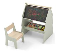 COSTWAY 2 en 1 Tableau Double Face avec Tabouret pour Enfant 3 ans+, Support pour Rouleau de Papier, Rangement Inclus