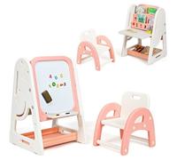 COSTWAY 2 en 1 Tableau Enfant Magnétique, avec Chaise, Etagère Rangement, 1 effaceur, 4 marqueurs, Kit Aimantés Orange