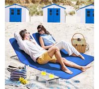 COSTWAY 2 x Matelas de plage avec table d'appoint, Chaise longue de plage Matelas Dossier réglable en 5 positions, Chaise longue pliable Set de chaises longues de jardin Chaise longue (Bleu)