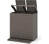 COSTWAY 235L Poubelle avec double couvercle, bac de récupération extensible & poignée, Poubelle Outdoor, Poubelle étanche , Poubelle brune