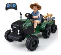 COSTWAY 24V Tracteur Électrique Enfants - Remorque Amovible, 6 Pneus & LED & Klaxon, Musique, Télécommande 2,4G 3-8 Ans Vert Foncé