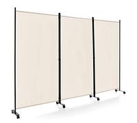 COSTWAY 262x180cm Paravent Intérieur 3 Panneaux à 8 roulettes, Cloison de Separation Interieur Pliable, Cadre en Metal, Tissu Polyester, Separateur de Pieces pour Salon Bureau Balcon (Beige)