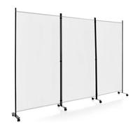 COSTWAY 262x180cm Paravent Intérieur 3 Panneaux à 8 roulettes, Cloison de Separation Interieur Pliable, Cadre en Metal, Tissu Polyester, Separateur de Pieces pour Salon Bureau Balcon (Blanc)