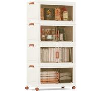 COSTWAY 280L Boîtes de rangement pliables avec couvercles, pack de 4 boîtes de rangement empilables avec roulettes, organisateur d'armoire blanc & marron