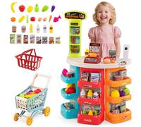 COSTWAY 29 PCS Marchande Enfants avec Chariot de Courses & Scanner avec Lumière et Son, Supermarché Enfant avec Étagères, Caisse & Balance, pour Garçons Filles 3+ Ans (Multicolore)