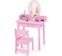 COSTWAY 2in1 Coiffeuse pour enfants avec tabouret, éclairage, tiroir & organiseur à bijoux, coiffeuse en bois princesse pour enfants de 3 ans et plus Rose