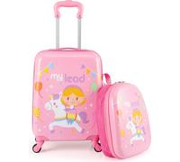 COSTWAY 2pcs valise pour enfants + sac à dos, trolley pour enfants en plastique, set de valises pour enfants, bagages à main, bagages à coque dure, rose