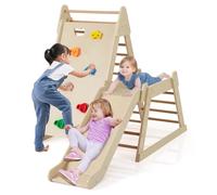 COSTWAY 3 en 1 Aire de Jeux d'escalade Intérieure en Bois avec Toboggan Prolongé & Échelle & Rampe, Triangle d'escalade Montessori Enfant avec Structure Solide, Charge 150kg pour 3 Ans+ (Naturel)