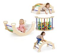 COSTWAY 3 en 1 Arche d’Escalade en Bois Enfant avec Coussin Moelleux, Arche à Bascule pour Grimper ou Se Reposer, Jouet d'arc d'escalade pour Chambre Salle de Jeux, Charge 30KG, 3 Ans+ (Coloré)