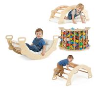 COSTWAY 3 en 1 Arche d’Escalade en Bois Enfant avec Coussin Moelleux, Arche à Bascule pour Grimper ou Se Reposer, Jouet d'arc d'escalade pour Chambre Salle de Jeux, Charge 30KG, 3 Ans+ (Naturel)