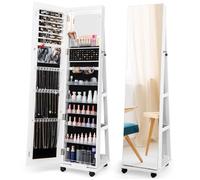 COSTWAY 3 en 1 Armoire à Bijoux LED sur Roulettes - Miroir Psyché sans Cadre - Étagères Réglables - Verrouillable - Blanc