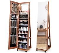 COSTWAY 3 en 1 Armoire à Bijoux sur Roulettes, Organisateur de Bijoux sur Pieds avec Miroir Psyché sans Cadre, Lumières LED et Miroir de Maquillage Intégré, Verrouillable, Étagères Réglables, Marron