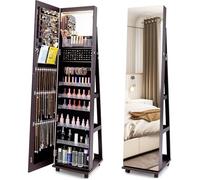 COSTWAY 3 en 1 Armoire à Bijoux sur Roulettes, Organisateur de Bijoux sur Pieds, Miroir Psyché sans Cadre, Lumières LED et Miroir de Maquillage Intégré, Verrouillable, Étagères Réglables (Café Foncé)