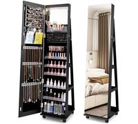 COSTWAY 3 en 1 Armoire à Bijoux sur Roulettes, Organisateur de Bijoux sur Pieds, Miroir Psyché sans Cadre, Lumières LED et Miroir de Maquillage Intégré, Verrouillable, Étagères Réglables (Noir)