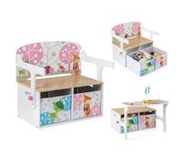 COSTWAY 3 en 1 Banc de Rangement Convertible avec 2 Bacs en Tissu Amovibles, Table Enfants avec Chaise et Motif d’Animaux, Coffre à Jouet pour Lire Manger ou Jouer, 57 x 42 x 57 cm(Blanc)