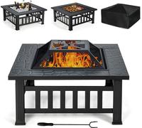 COSTWAY 3 en 1 Bol à feu, Foyer d'extérieur 81 x 81 cm, Panier à feu carré pour jardin arrière-cour terrasse balcon, avec grille/ gril/ tisonnier/ couvercle, pour pique-nique & feu de camp