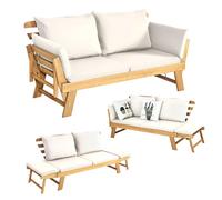 COSTWAY 3 en 1 Canapé Lit de Jardin Convertible, Canape Exterieur 2-4 Places en Bois d’Acacia, Charge 320 KG, Accoudoir Réglable, Coussins Amovible & Lavable, pour Salon Porche Balcon (Blanc)