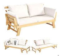 COSTWAY 3 en 1 Canapé Lit de Jardin Convertible FSC en Bois d’Acacia, Accoudoir Réglable, Coussins Amovibles, Charge 320 KG, Blanc