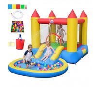 COSTWAY 3 en 1 Château Gonflable avec Toboggan et Maison de Saut, Aire de Jeux Gonflable avec Piscine à Balles et 50 Balles Océaniques, Intérieur Extérieur pour 3-12 Ans, sans Souffleur