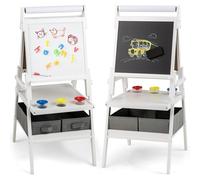 COSTWAY 3 en 1 Chevalet d'Art Enfant avec Tableau Noir & Blanc Magnétique, Tableau Enfant Double Face avec Rouleau de Papier & 2 Bacs en Tissu, 3 Pots de Peinture pour Garçon Fille de 3-6 Ans (Blanc)