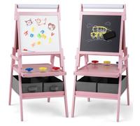COSTWAY 3 en 1 Chevalet d'Art Enfant avec Tableau Noir & Blanc Magnétique, Tableau Enfant Double Face avec Rouleau de Papier & 2 Bacs en Tissu, 3 Pots de Peinture pour Garçon Fille de 3-6 Ans (Rose)