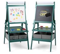 COSTWAY 3 en 1 Chevalet d'Art Enfant avec Tableau Noir & Blanc Magnétique, Tableau Enfant Double Face avec Rouleau de Papier & 2 Bacs en Tissu, 3 Pots de Peinture pour Garçon Fille de 3-6 Ans (Vert)
