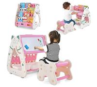 COSTWAY 3 en 1 Chevalet Enfant Magnétique avec Tabouret Réglable en Hauteur, Bibliothèque Enfant avec Tableau Effaçable à Sec & 2 Boîtes, Bureau Enfant en Forme de Chat, 56 x 54 x 71 cm, 1-5 Ans