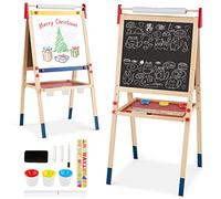 COSTWAY 3 en 1 Chevalet pour Enfants Double Face en Bois de Pin, Tableau Magnétique sur Côté Blanc, Accessoires Complets 3 Hauteurs Disponibles 124,5/118,5/112,5CM