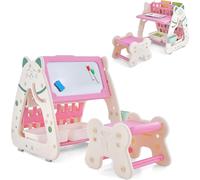 COSTWAY 3 en 1 Groupe de sièges & tableau & bibliothèque pour enfants avec 3 boîtes de rangement, tabouret et accessoires de coloriage inclus, pour enfants de 1 à 5 ans Rose + Blanc