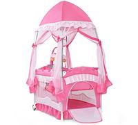 COSTWAY 3 en 1 Lit Bébé Parapluie avec Table à Langer et Moustiquaire Pliant, Entrée Latérale, Lit de Voyage pour Bébé avec Supports de Jeu, Boîtes à Musique et Balles de Jeu, 0-36 Mois (Rose)