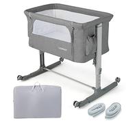COSTWAY 3 en 1 Lit Cododo Bébé avec Matelas & 5 Hauteur Réglable, Lit Bébé Evolutif avec Inclinaison & 2 Sangles, Roues avec Frein, Sac de Transport, Charge 9kg pour 0-5 Mois, 86x63x81cm (Gris)
