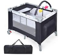 COSTWAY 3 en 1 Lit Parapluie Bébé avec Matelas & Table à Langer, Lit Bébé Evolutif avec 2 Jouets Mignons, Roue Universelle avec Frein, Sac de Transport, 125x65cm, Charge 9kg pour 0-36 Mois