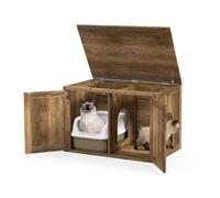 COSTWAY 3 en 1 Meuble Litiere Chat, Plateau Rabattable, Séparateur Amovible, Cache Litiere Chat Double Portes, Entrée Latérale, Maison de Toilette Chaton, 80 x 54 x 53,5 cm, Chêne